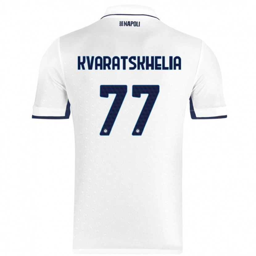 Danxen Kinder Khvicha Kvaratskhelia #77 Weiß Königsblau Auswärtstrikot Trikot 2024/25 T-Shirt